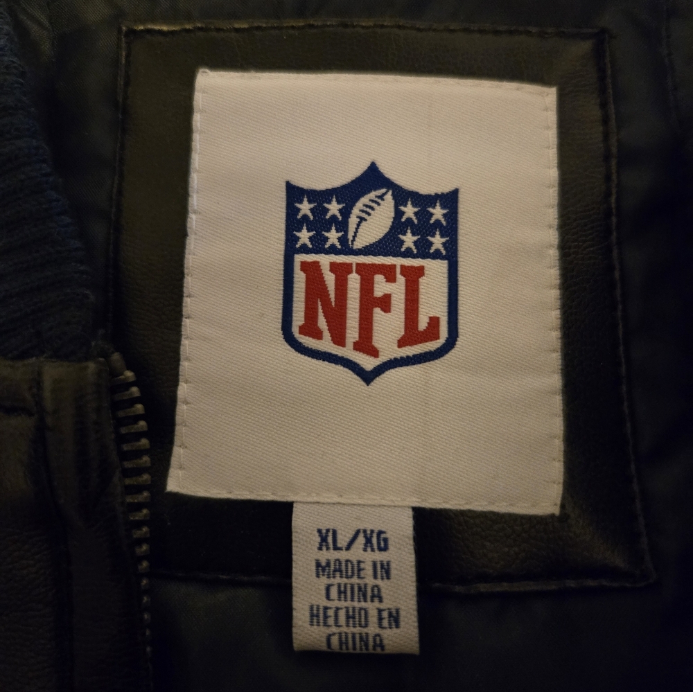 NFL Blue and Gray Varsity Bomber Jacket with Patch Embellishments - Picture 4 of 7